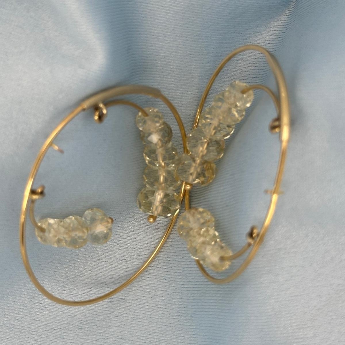 Double Gem Swinging 14k Yellow Gold Hoop Earrings with Oregon Sunstone Rondel Stones