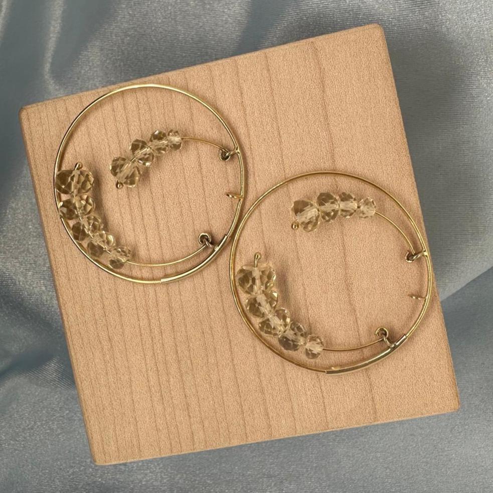 Double Gem Swinging 14k Yellow Gold Hoop Earrings with Oregon Sunstone Rondel Stones